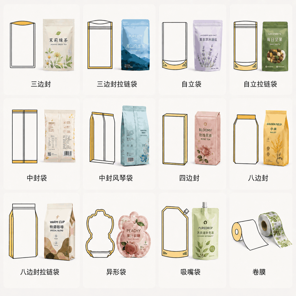不同袋型对应产品图