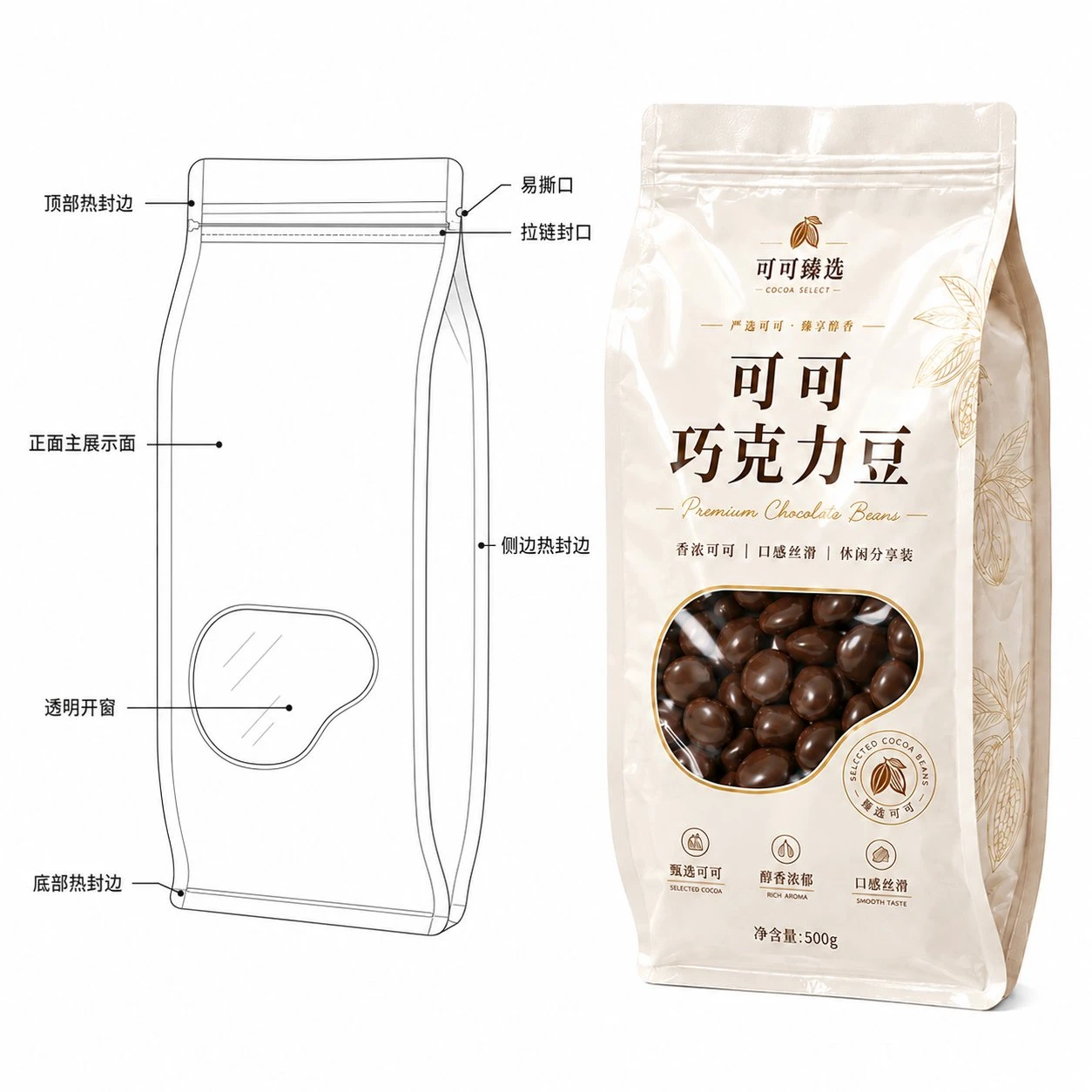 cocoa-chocolate-beans-stand-up-pouch-line-draft-and-real-product-comparison