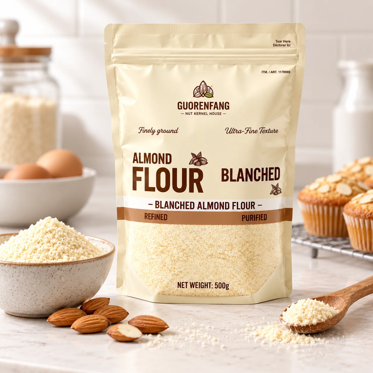 almond-flour-zipper-stand-up-pouch-application 杏仁粉自立袋 烘焙食材应用场景