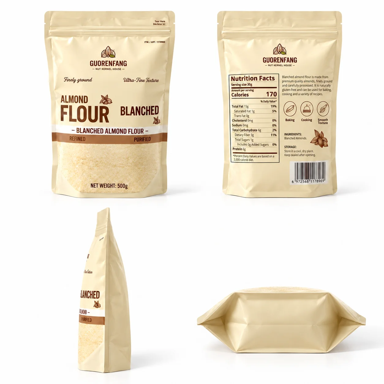 almond-flour-zipper-stand-up-pouch-views 杏仁粉自立袋 正面背面侧面和底部展示