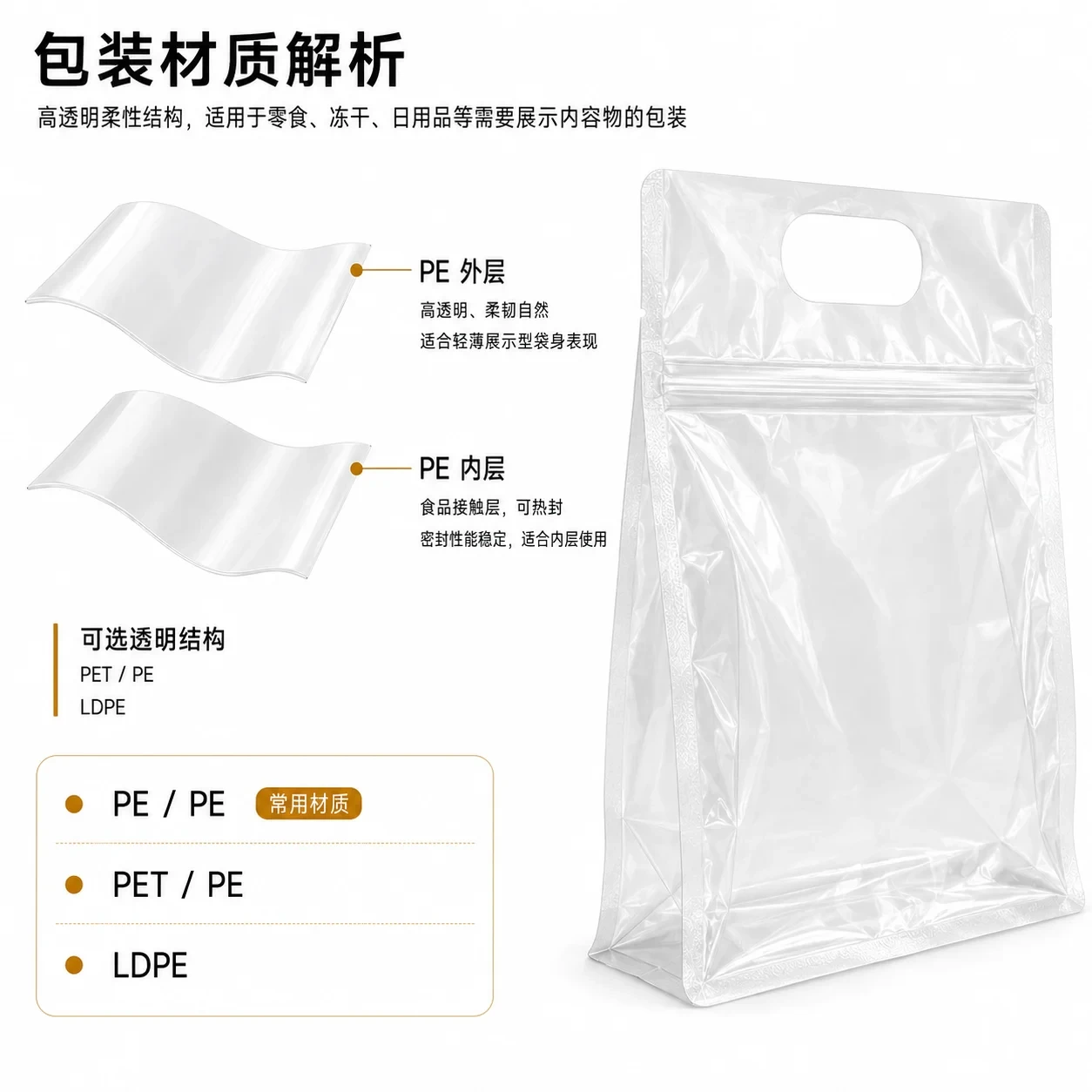 clear-handle-pouch-material 透明手提通用包装袋 材质结构展示