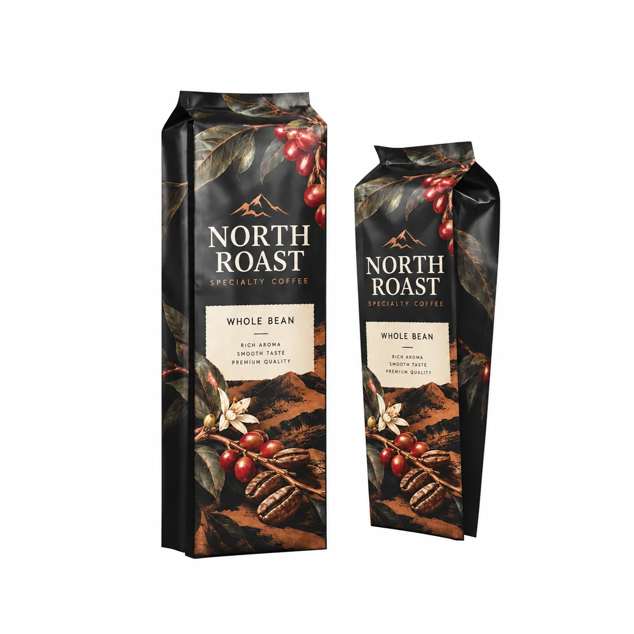 custom-coffee-bean-quad-seal-bag-sizes 烘焙咖啡包装袋 不同容量展示