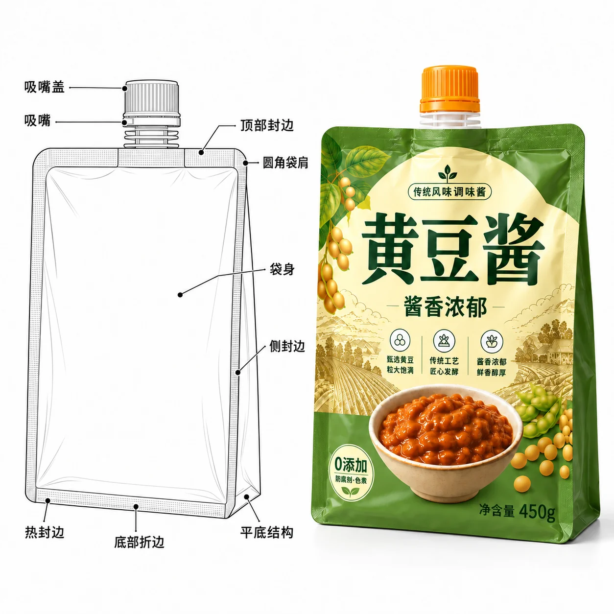 custom-sauce-spout-flat-bottom-pouch-structure 酱料吸嘴袋定制 结构说明