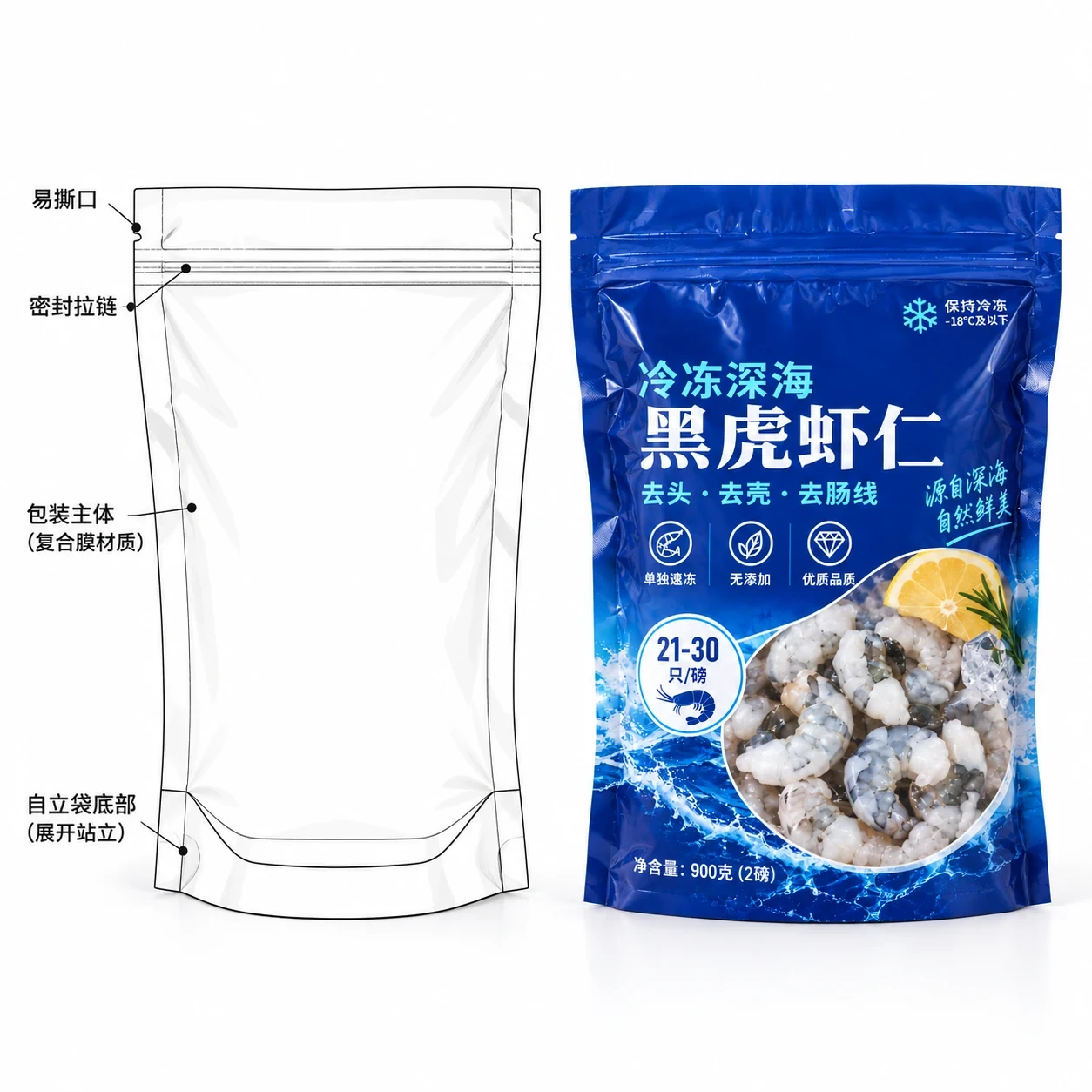frozen-shrimp-packaging-bag-lineart 冷冻海鲜包装袋 结构线稿