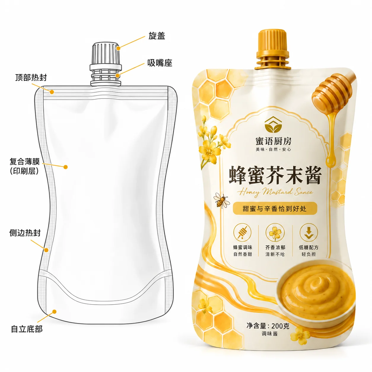 honey-mustard-sauce-spout-pouch-lineart 蜂蜜芥末酱吸嘴袋 吸嘴旋盖与袋体结构图
