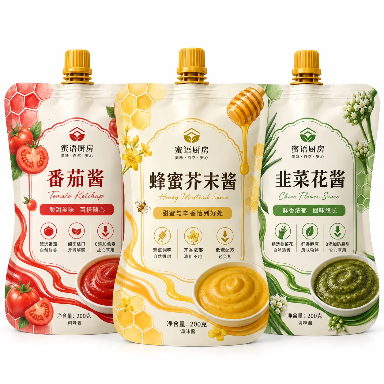 honey-mustard-sauce-spout-pouch-series 蜂蜜芥末酱吸嘴袋 调味酱系列印刷展示
