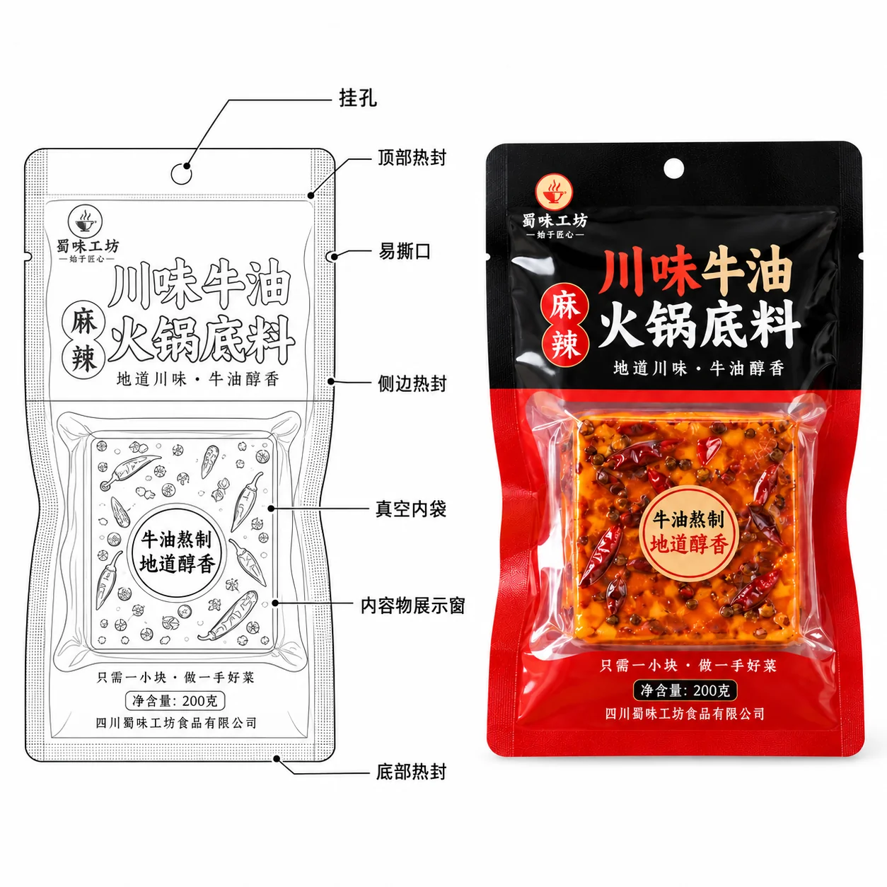 hot-pot-soup-base-three-side-seal-pouch-lineart 火锅底料三边封袋 挂孔易撕口开窗与内袋结构图