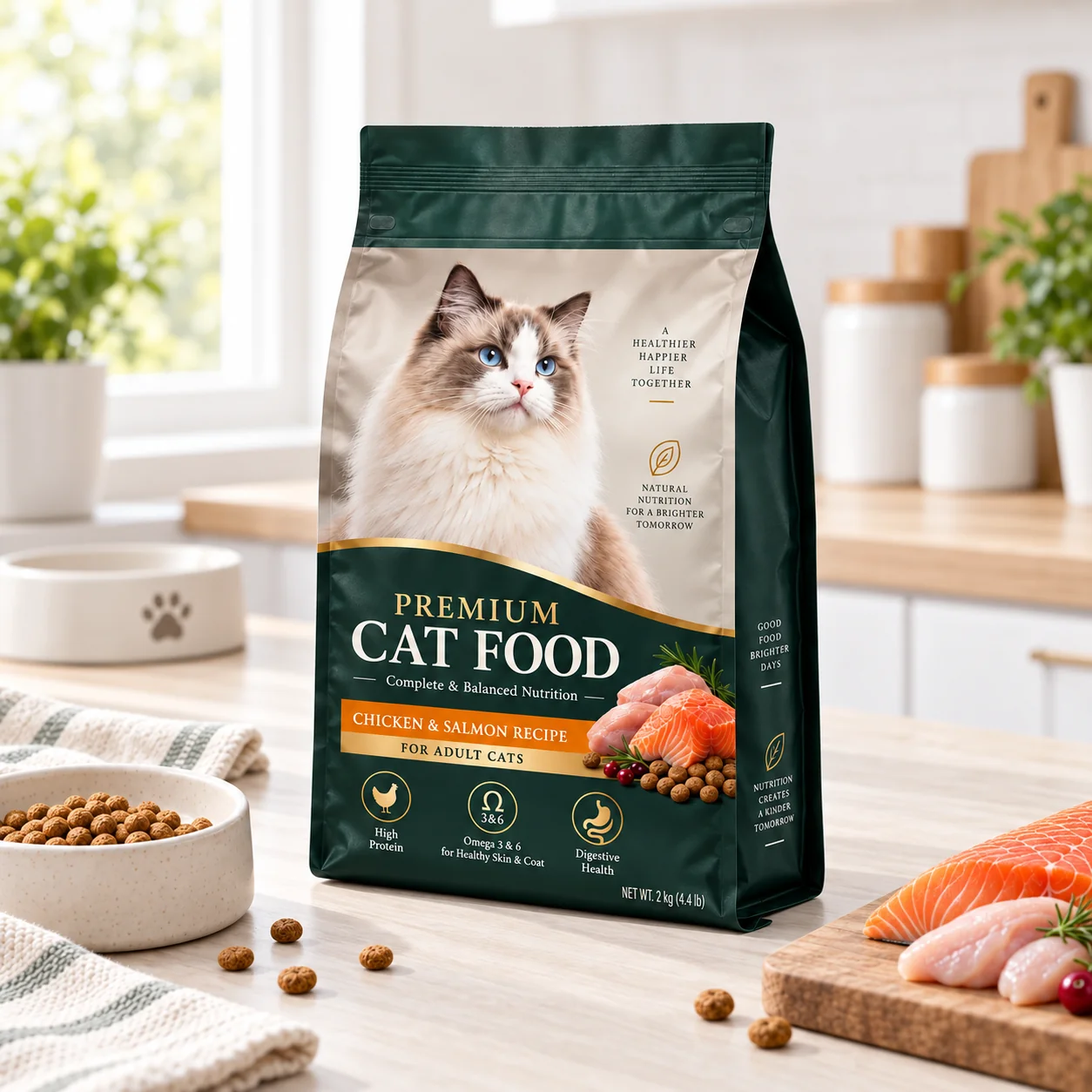 mono-material-recyclable-cat-food-quad-seal-pouch-application 可回收猫粮包装袋 应用场景