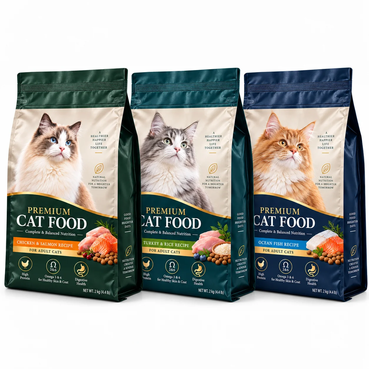 mono-material-recyclable-cat-food-quad-seal-pouch-series 可回收猫粮包装袋 系列展示