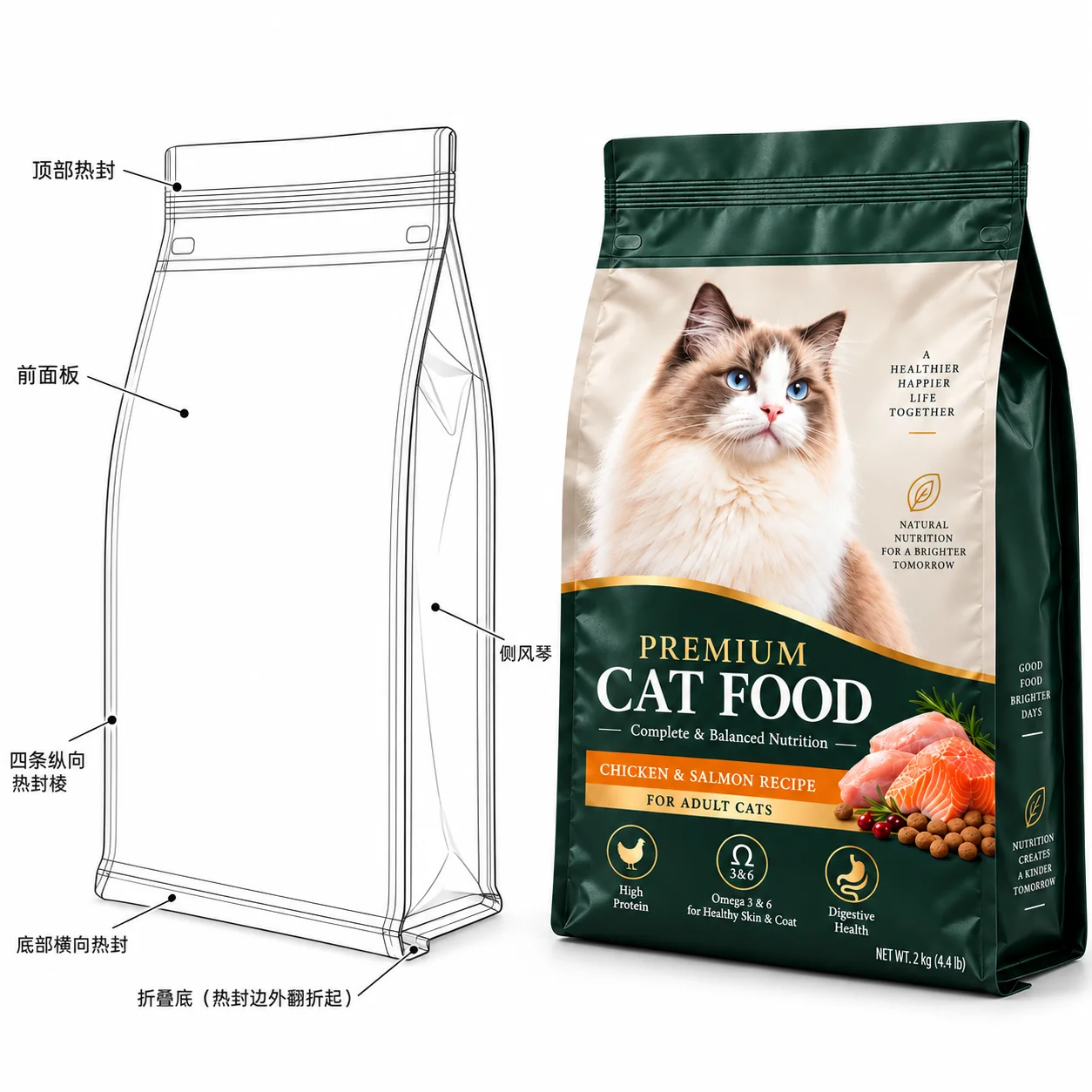 mono-material-recyclable-cat-food-quad-seal-pouch-structure 可回收猫粮包装袋 四边封结构图