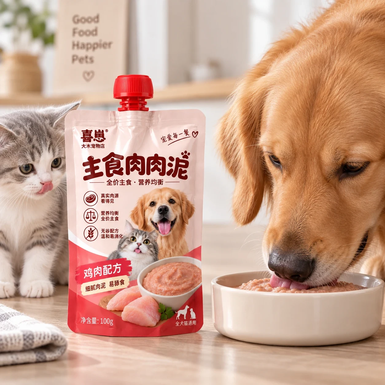 pet-food-puree-spout-pouch-application 猫狗肉泥吸嘴袋 应用场景