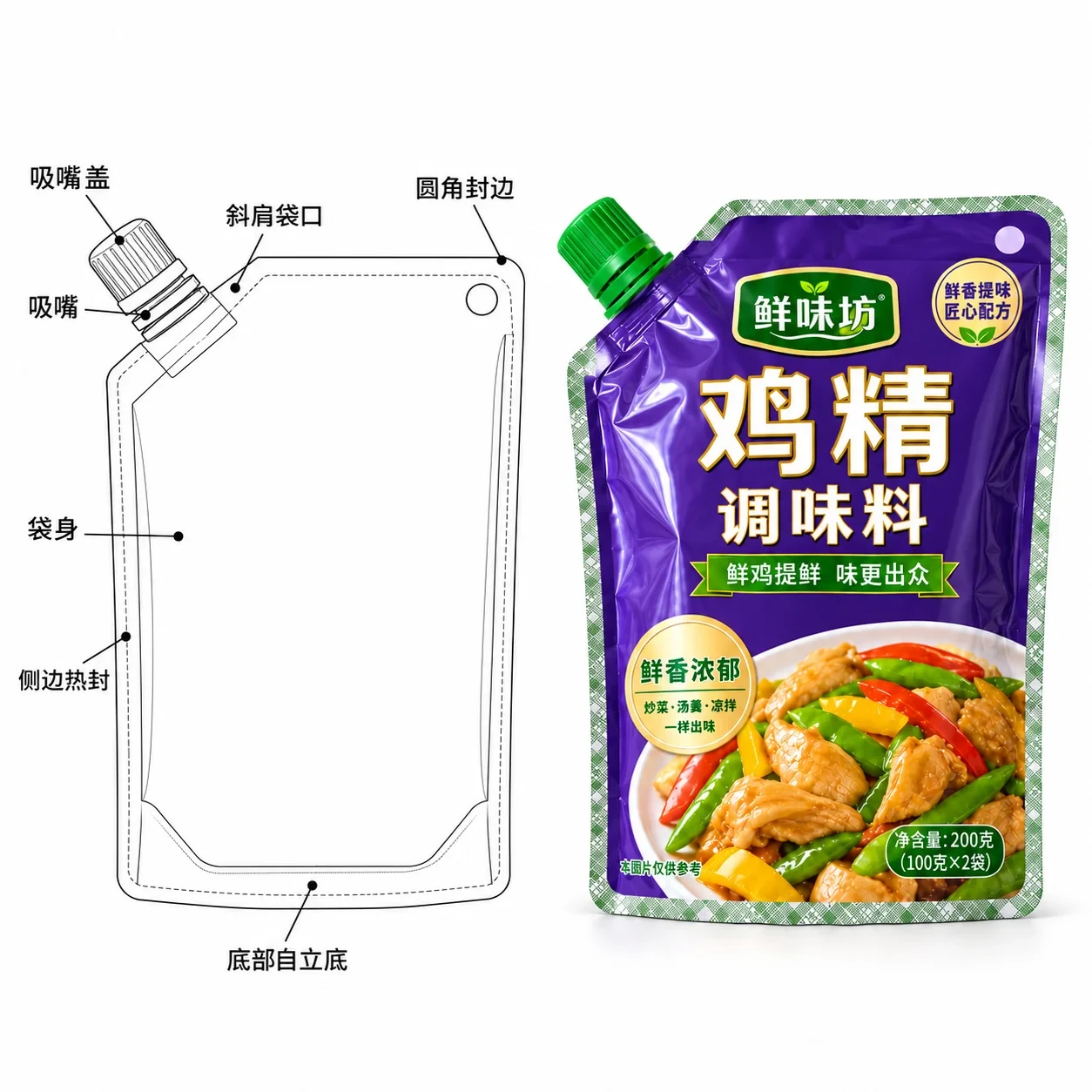 seasoning-powder-packaging-lineart 鸡精吸嘴袋 吸嘴盖与自立底结构图