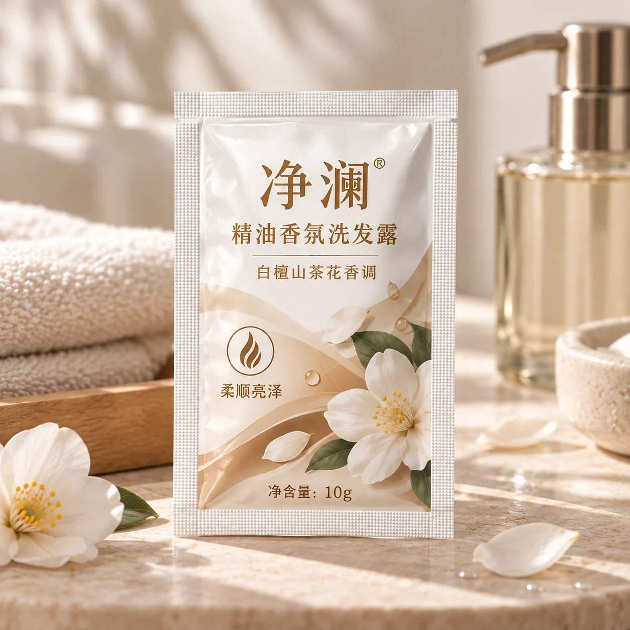 travel-size-shampoo-sachet-application 洗发水小样包装袋 浴室使用场景